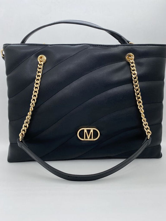 Black Quilted Tote Bag with Gold Chain Details
