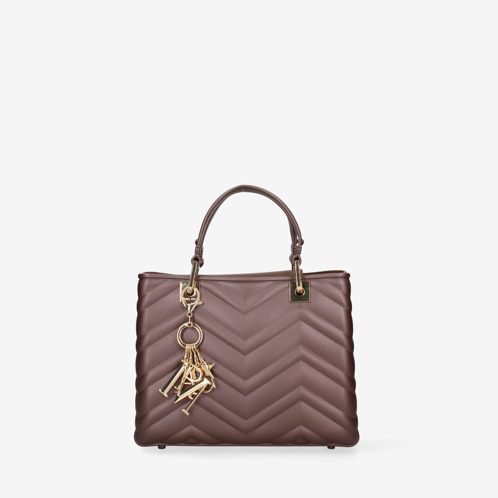 Brown Quilted Tote Bag with Gold Charm Detail