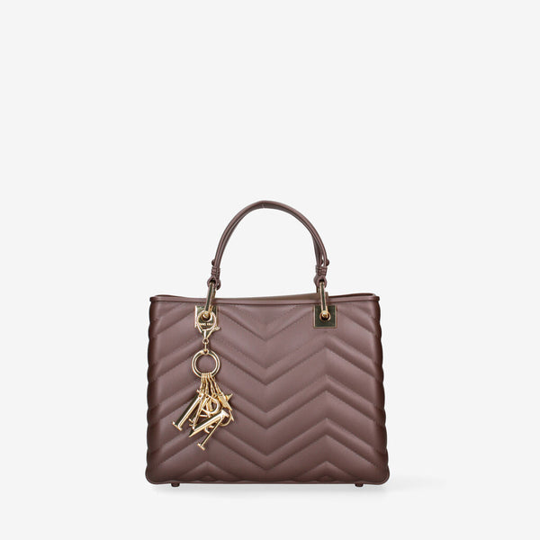 Brown Quilted Tote Bag with Gold Charm Detail