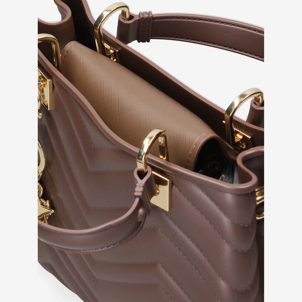 Brown Quilted Tote Bag with Gold Charm Detail