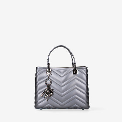 Silver Quilted Tote Bag with Charm Accent