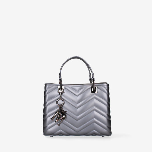 Silver Quilted Tote Bag with Charm Accent