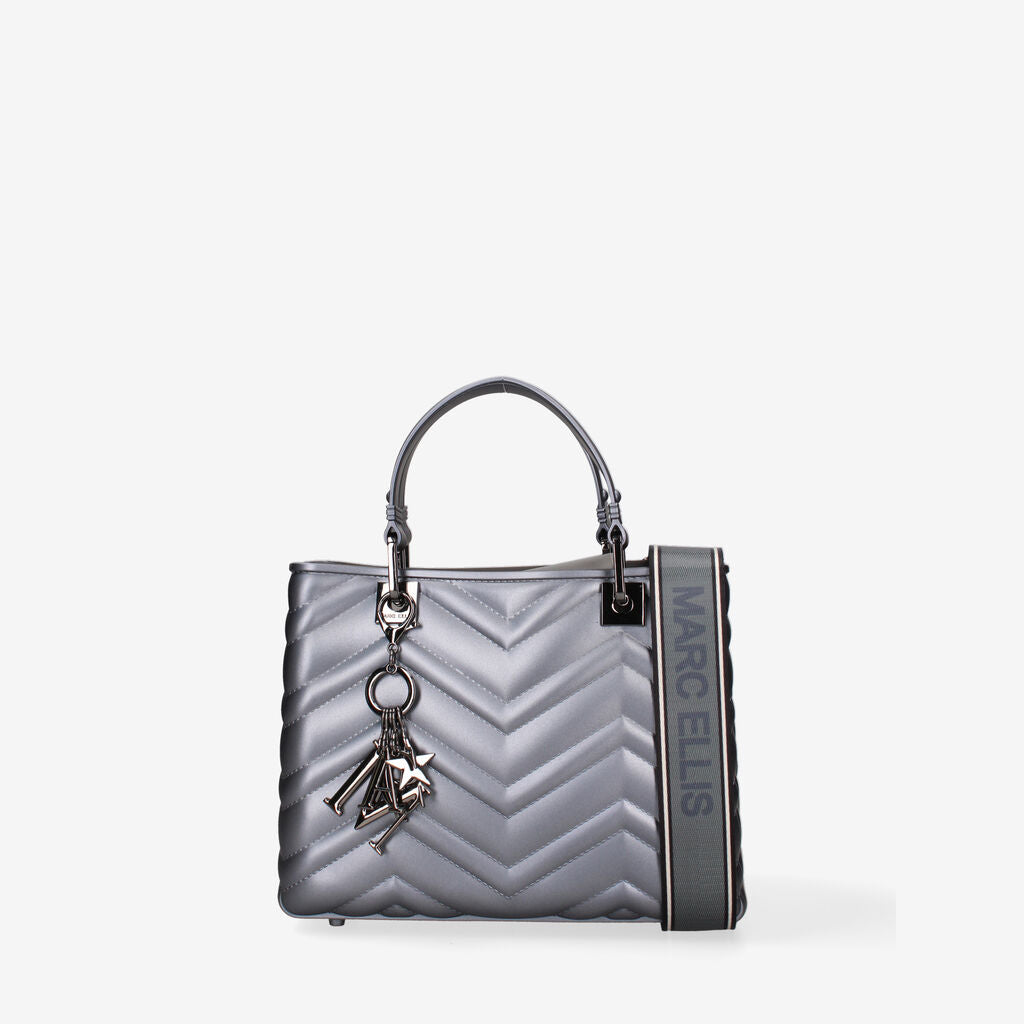 Silver Quilted Tote Bag with Charm Accent