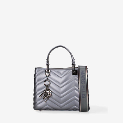 Silver Quilted Tote Bag with Charm Accent