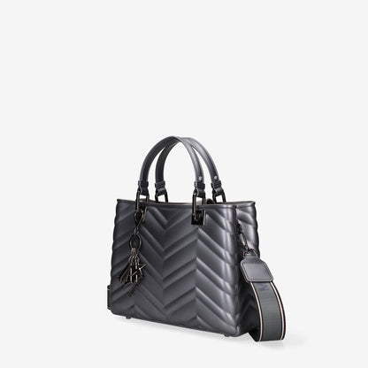 Silver Quilted Tote Bag with Charm Accent