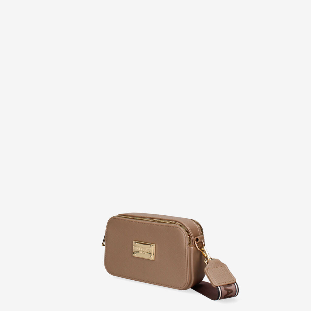 Taupe Leather Crossbody Bag with Logo Strap