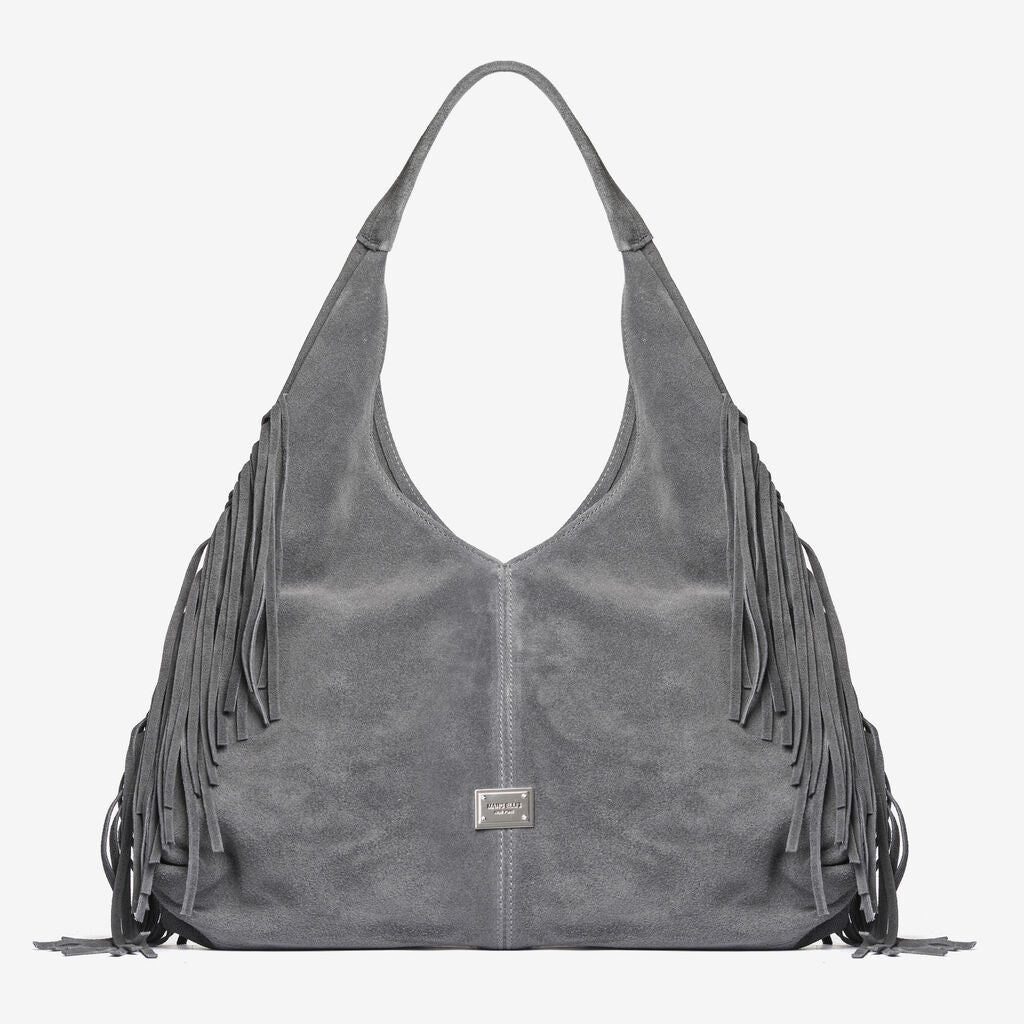 Gray Suede Hobo Bag with Fringe Detail