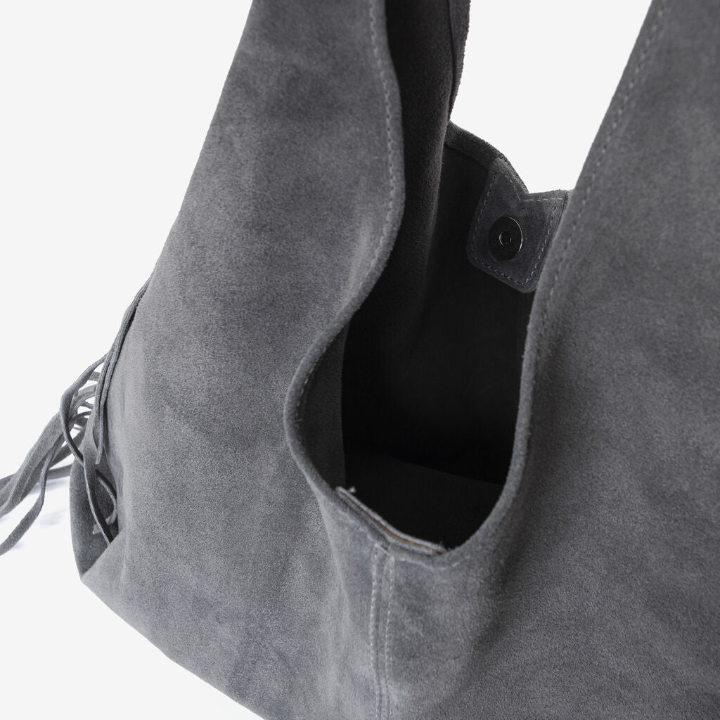 Gray Suede Hobo Bag with Fringe Detail