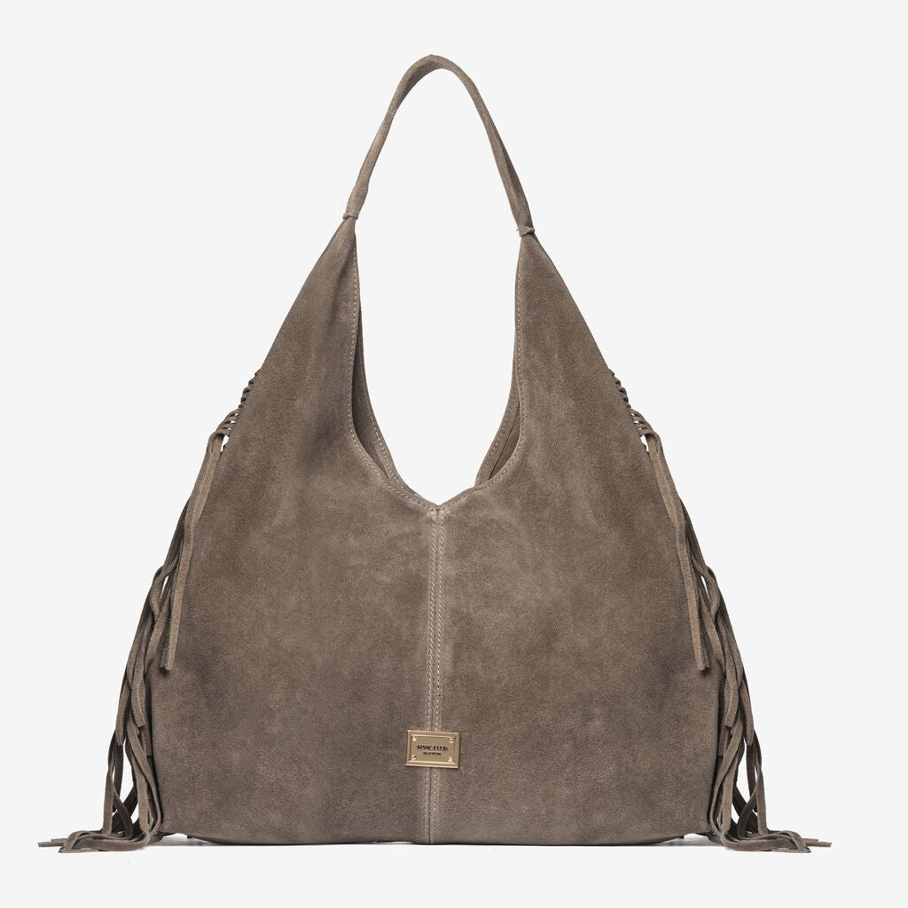 Taupe Suede Hobo Bag with Fringe Detailing