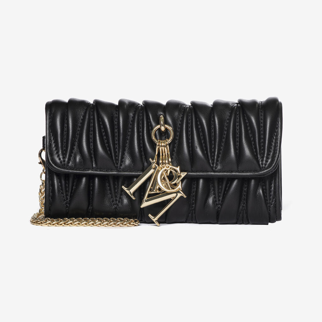 Black Quilted Chain Clutch with Gold Accents