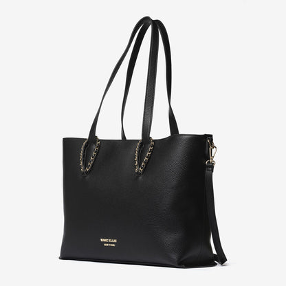 Black Textured Tote Bag with Chain Handles