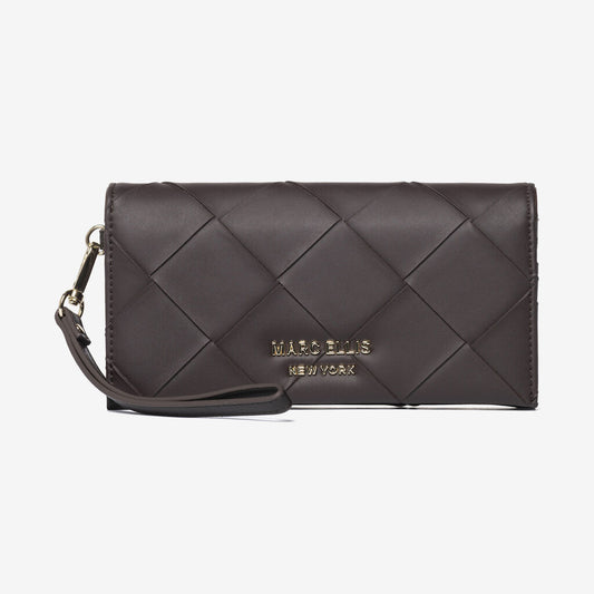 Brown Quilted Wristlet Clutch with Gold Accents