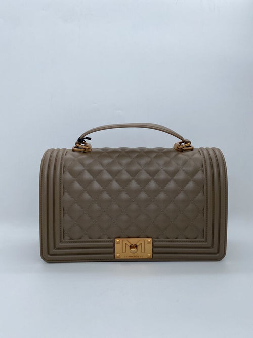 Taupe Quilted Leather Handbag with Gold Accents