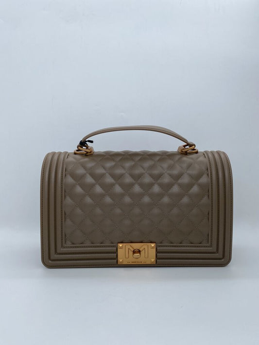 Taupe Quilted Leather Handbag with Gold Accents