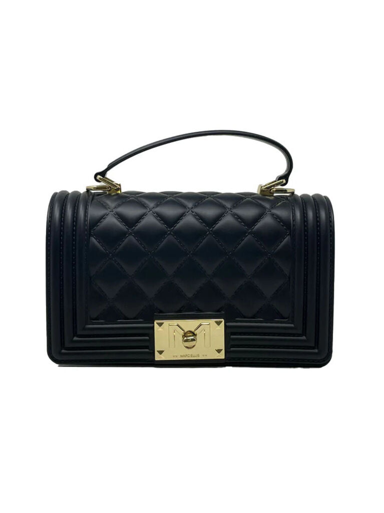 Black Quilted Leather Handbag with Gold Accents