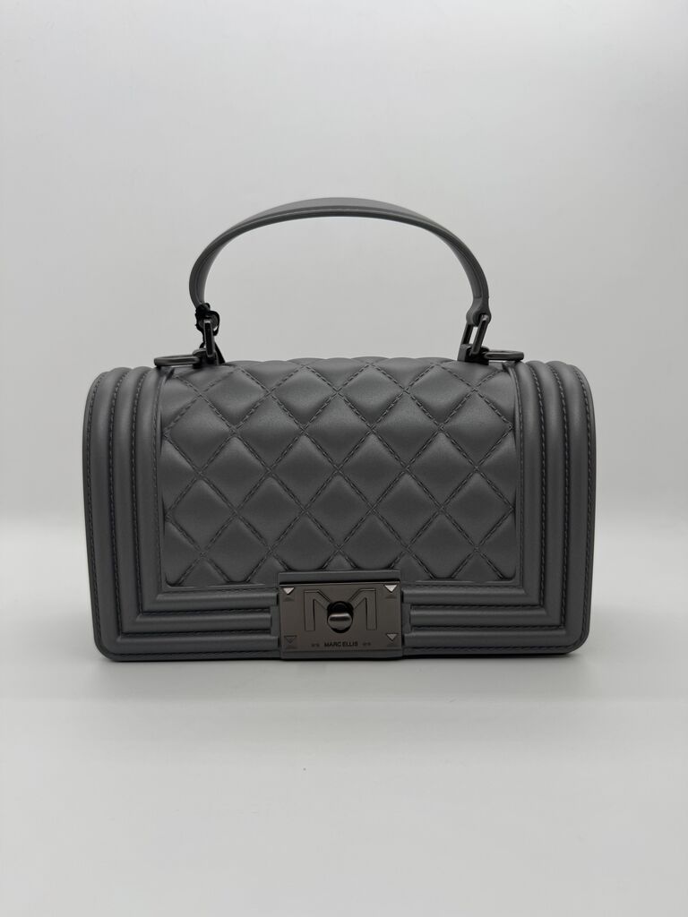 Gray Quilted Handbag with Top Handle and Metal Clasp