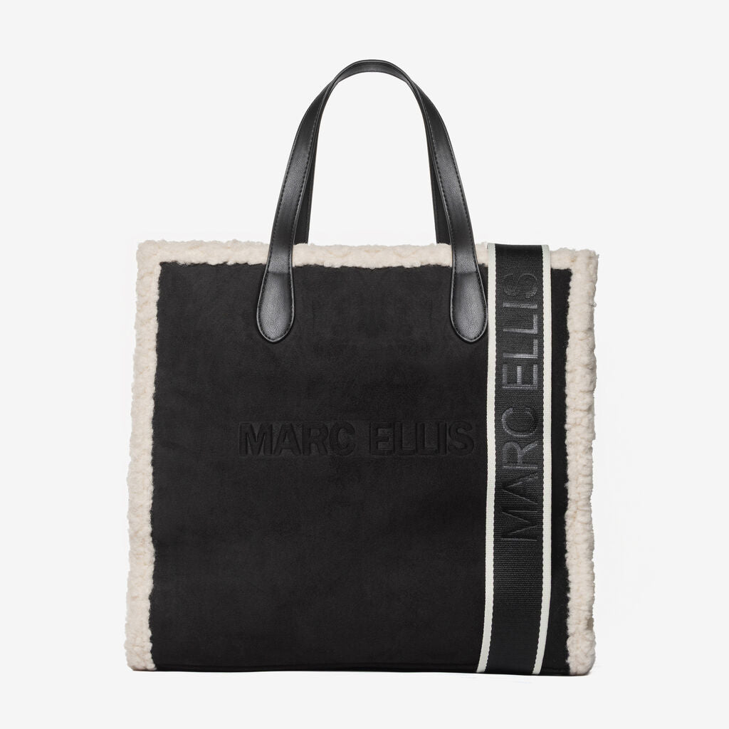 Black Faux Shearling Tote with Embossed Logo