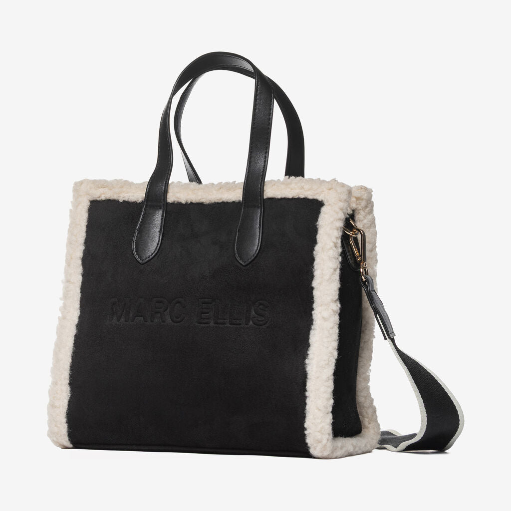 Black Faux Shearling Tote with Statement Strap