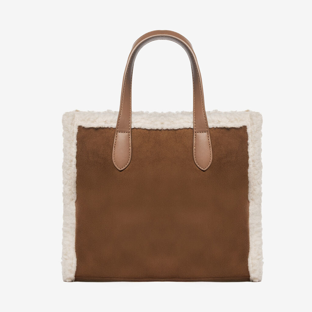 Brown Faux Suede Tote Bag with Textured Trim