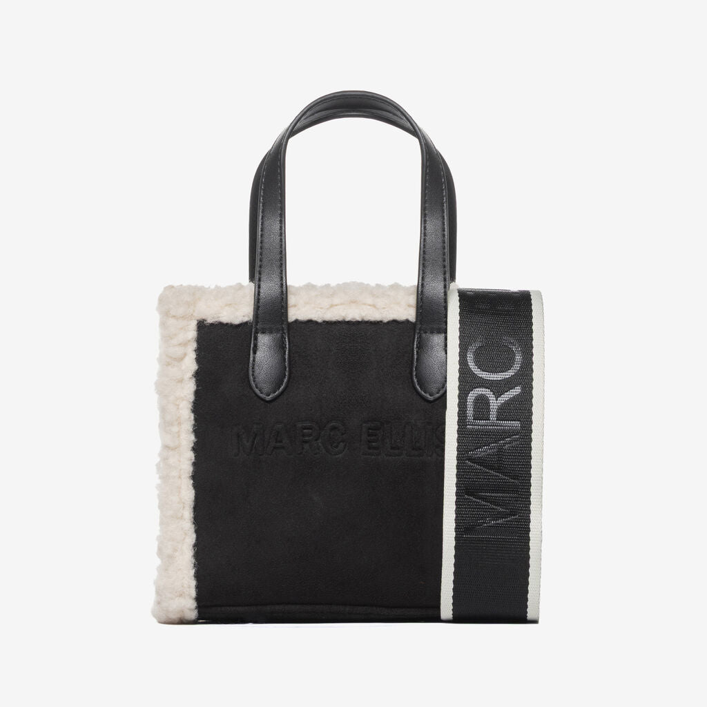 Black Faux Shearling Tote with Bold Logo Strap