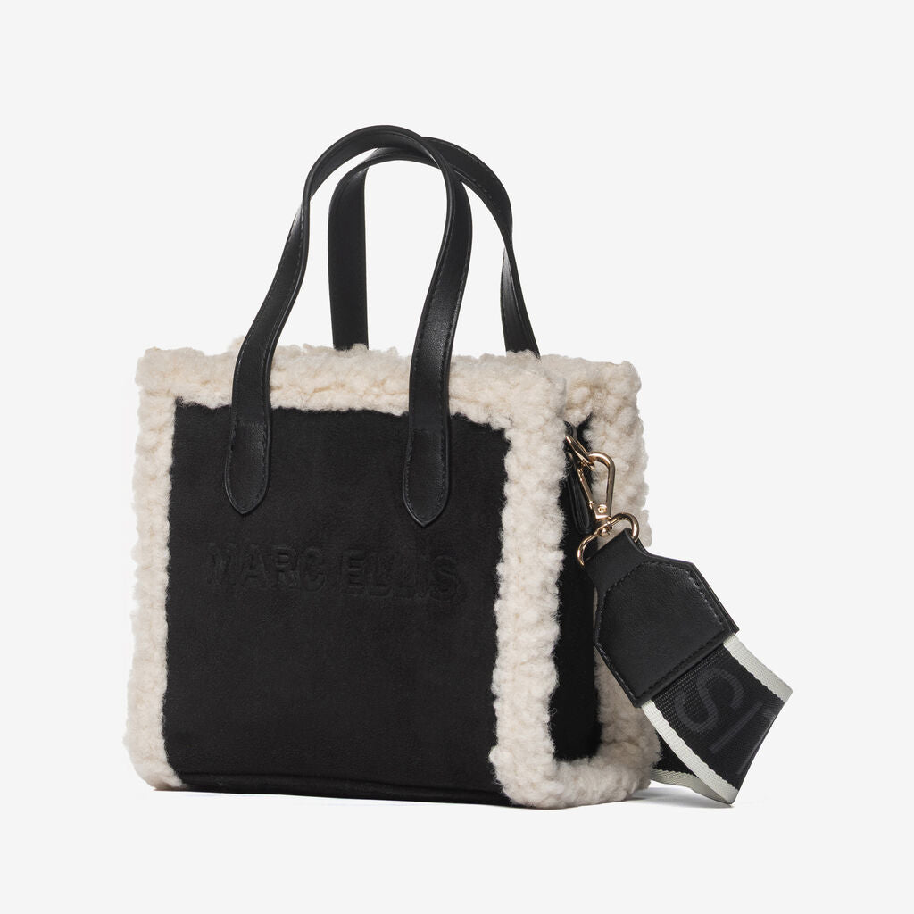 Black Faux Shearling Tote with Bold Logo Strap