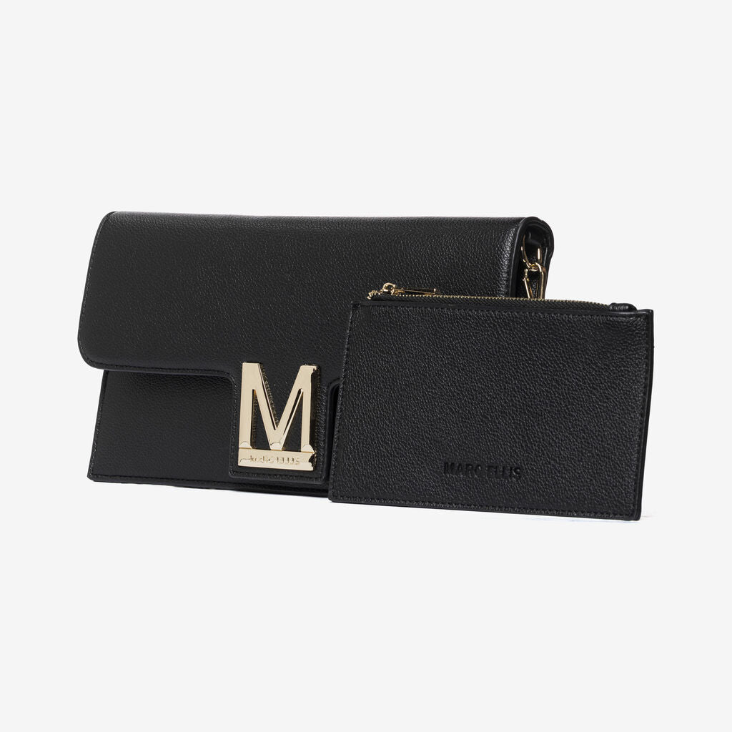 Black Textured Clutch with Gold Chain Strap