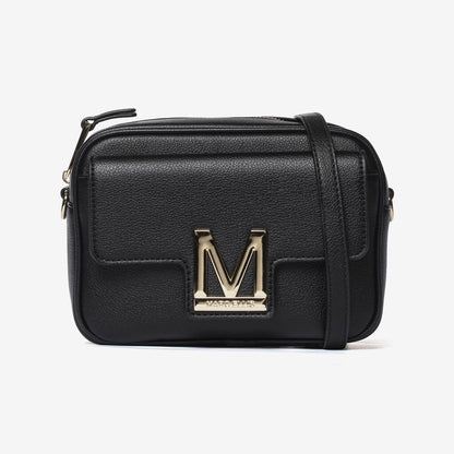 Black Textured Crossbody Bag with Gold Accent