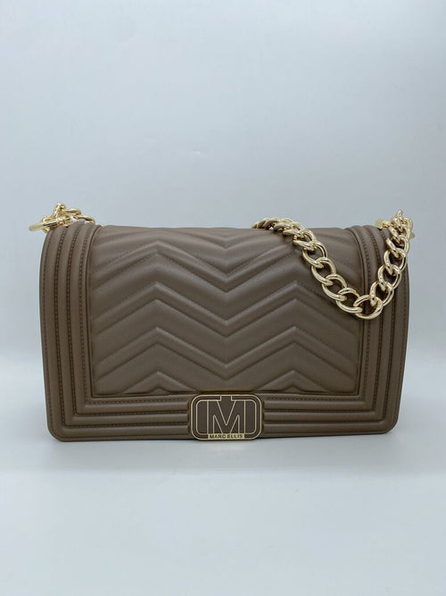 Taupe Quilted Shoulder Bag with Gold Chain