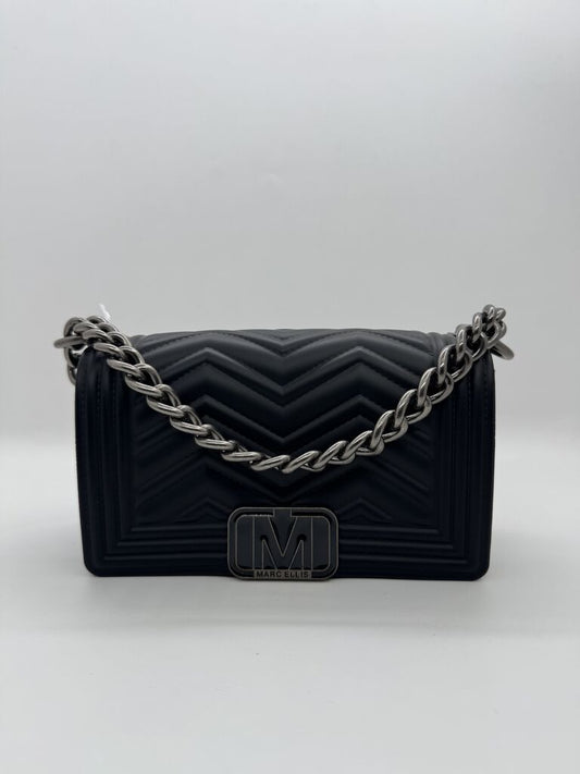 Black Chevron Quilted Shoulder Bag with Chain Strap