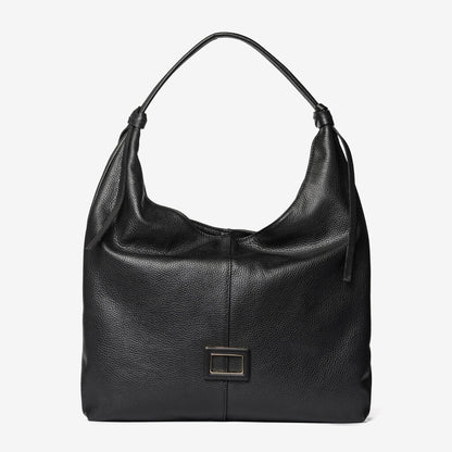 Black Textured Leather Hobo Bag with Buckle Accent