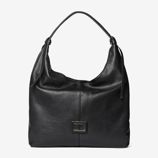 Black Textured Leather Hobo Bag with Buckle Accent