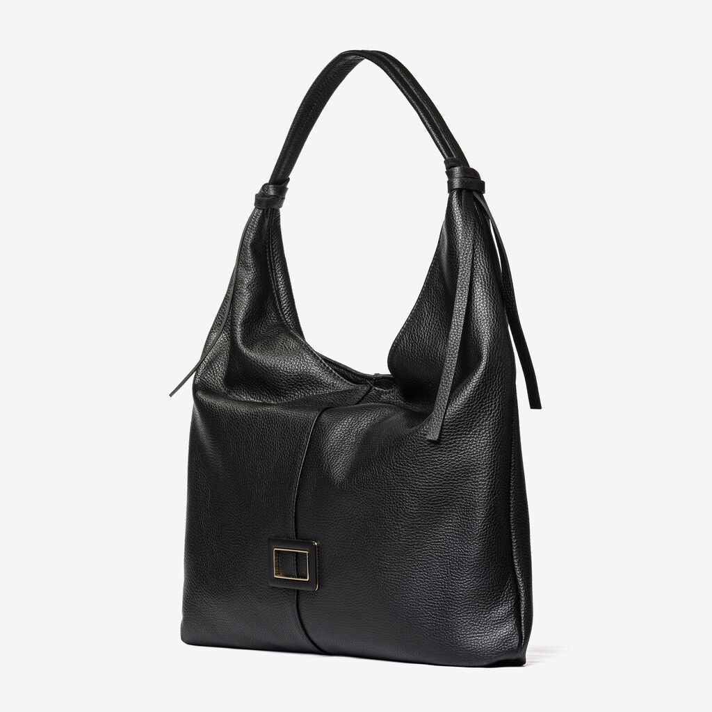 Black Textured Leather Hobo Bag with Buckle Accent