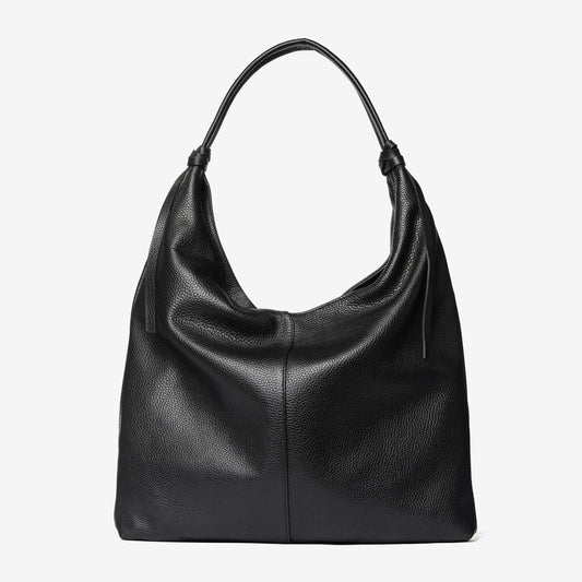 Black Textured Leather Hobo Bag with Buckle Accent