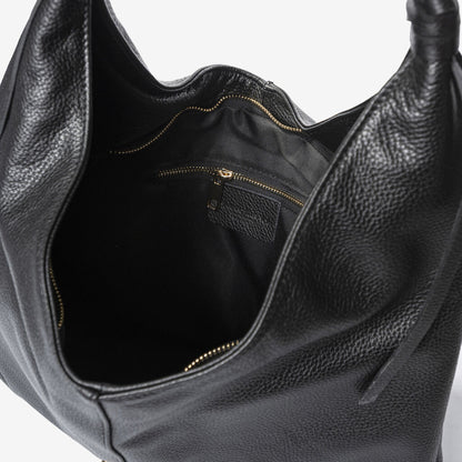 Black Textured Leather Hobo Bag with Buckle Accent