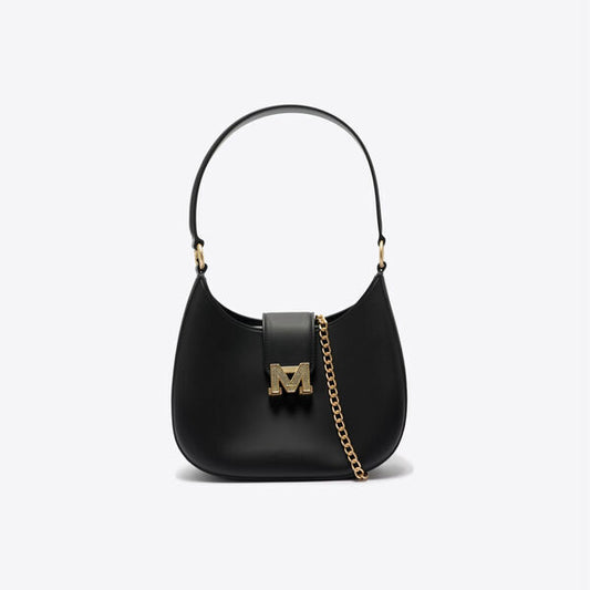 Black Leather Shoulder Bag with Gold Chain Accent