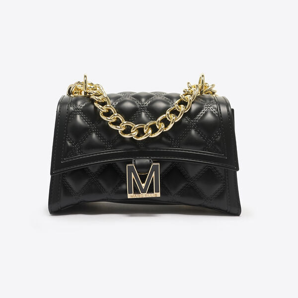 Black Quilted Leather Shoulder Bag with Chain Strap