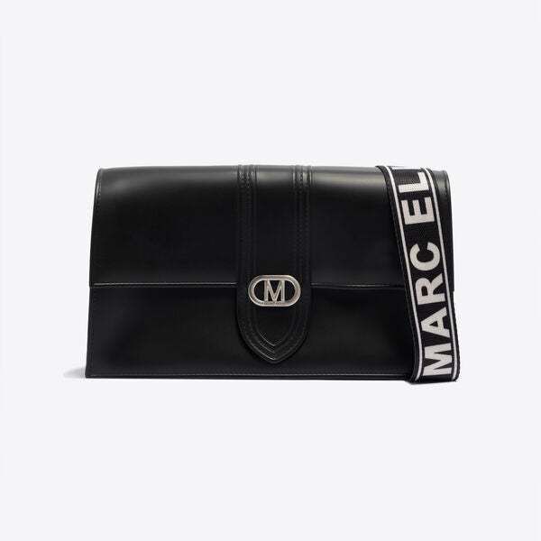 Black Leather Crossbody Bag with Logo Strap