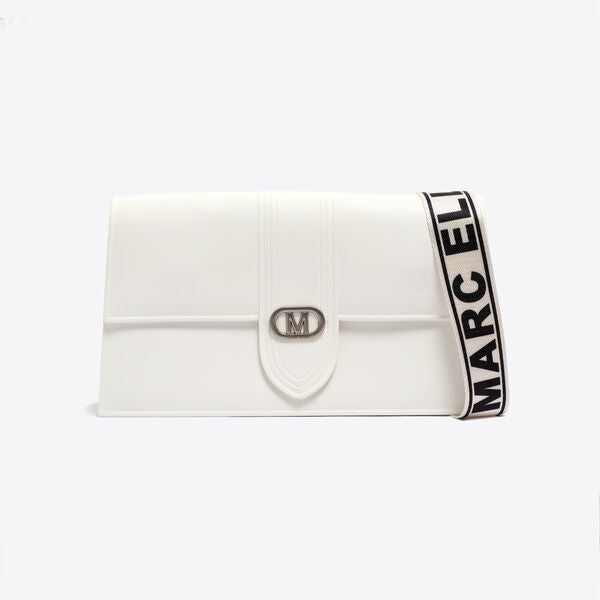 White Logo Strap Clutch with Metal Accent
