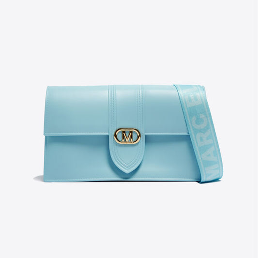 Sky Blue Glossy Leather Shoulder Bag with Logo Strap