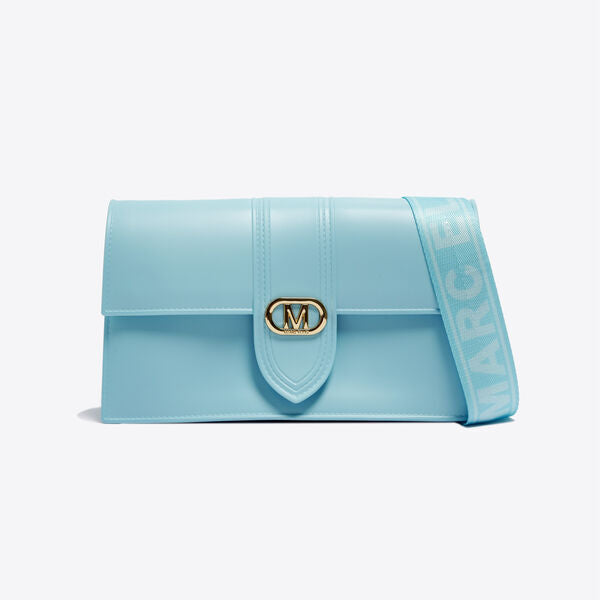 Sky Blue Glossy Leather Shoulder Bag with Logo Strap