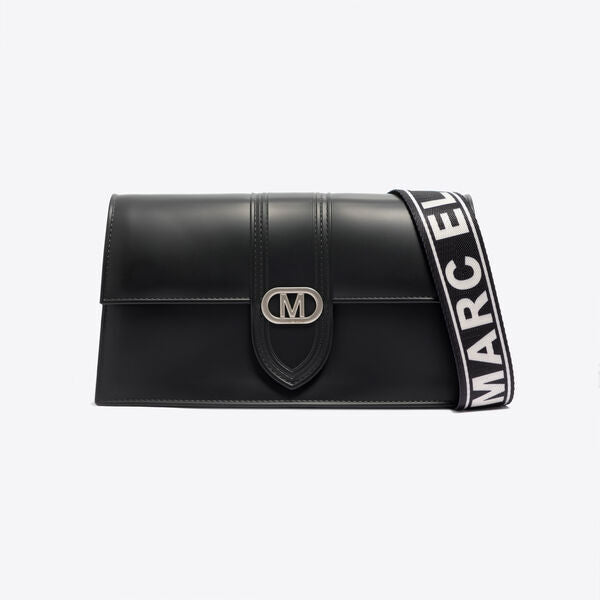 Black Sleek Leather Bag with Logo Strap