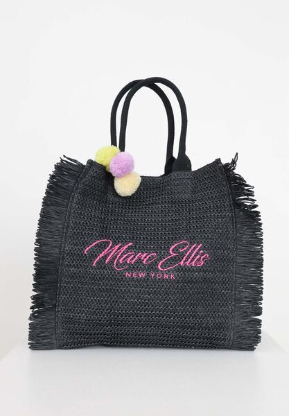 Black Woven Tote Bag with Pom Pom Detail