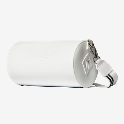 White Embossed Cylinder Bag with Logo Strap