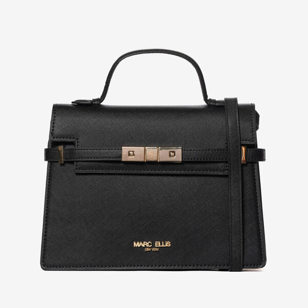 Black Textured Handbag with Gold Accents