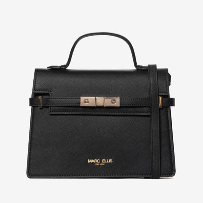 Black Textured Handbag with Gold Accents