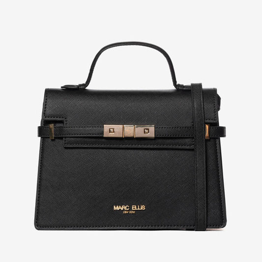 Black Textured Handbag with Gold Accents