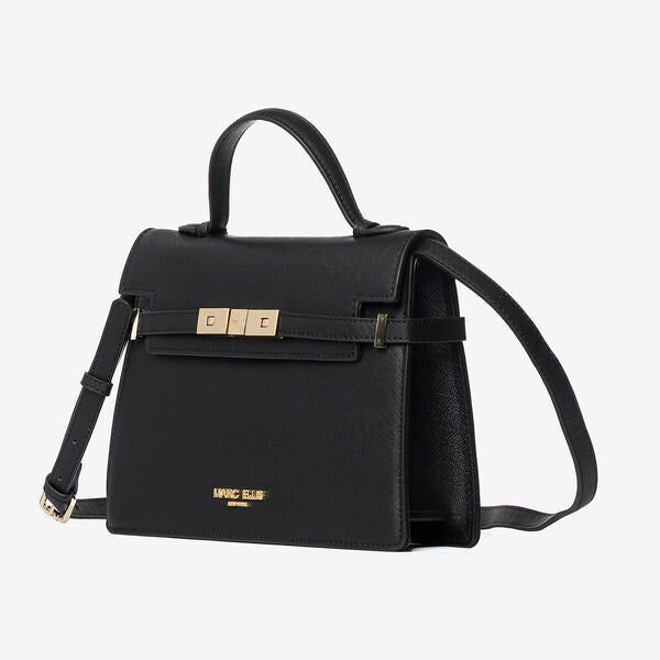 Black Textured Handbag with Gold Accents