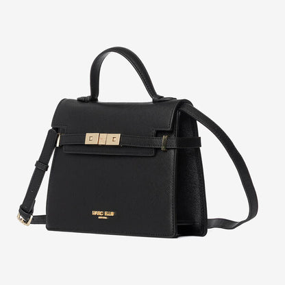 Black Textured Handbag with Gold Accents