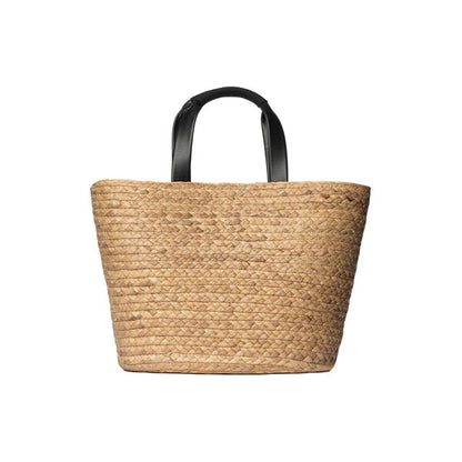Natural Woven Tote Bag with Black Handles