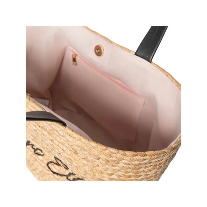 Natural Woven Tote Bag with Black Handles